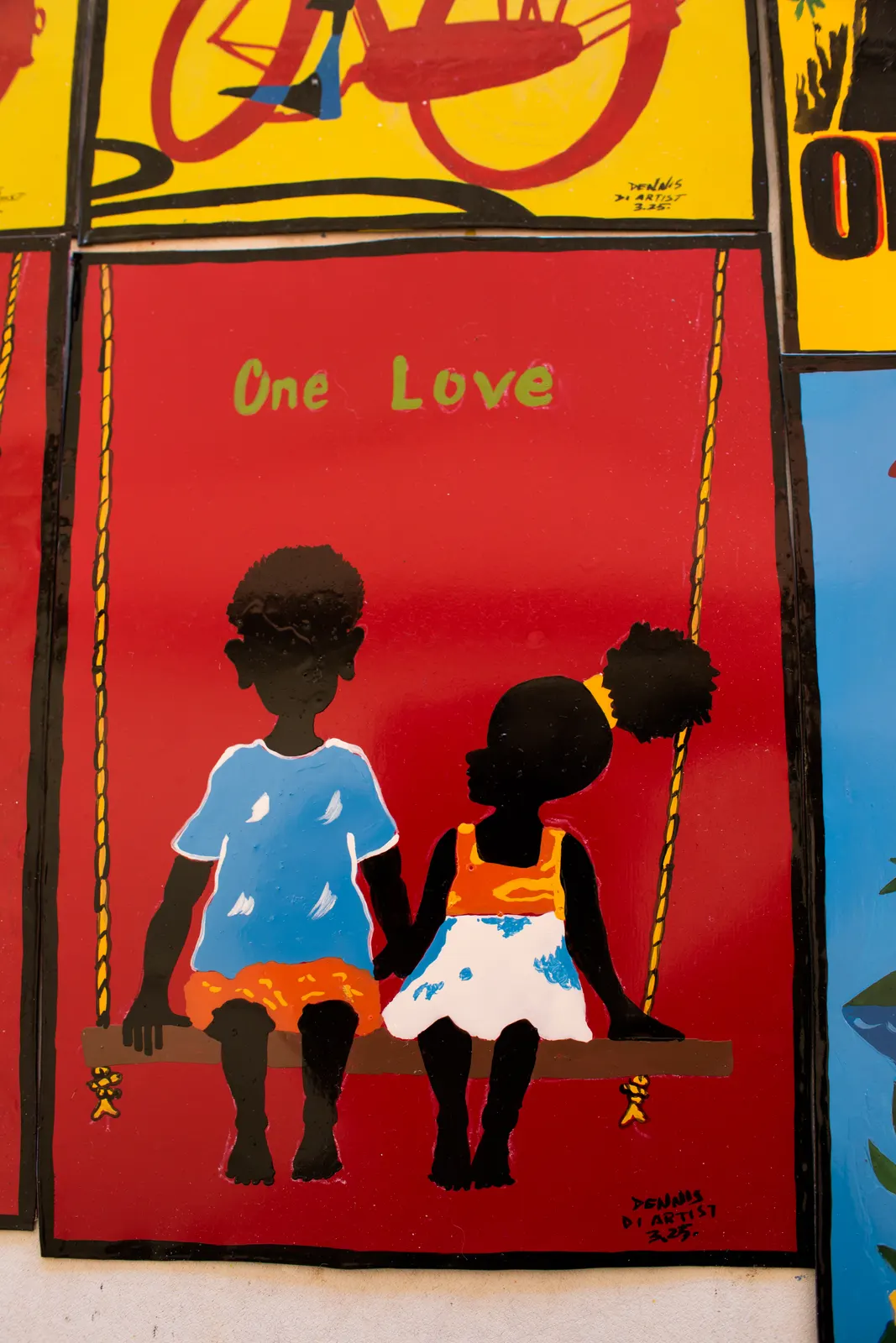 “One Love”: two children holding hands on a swing, signed Dennis Di Artist