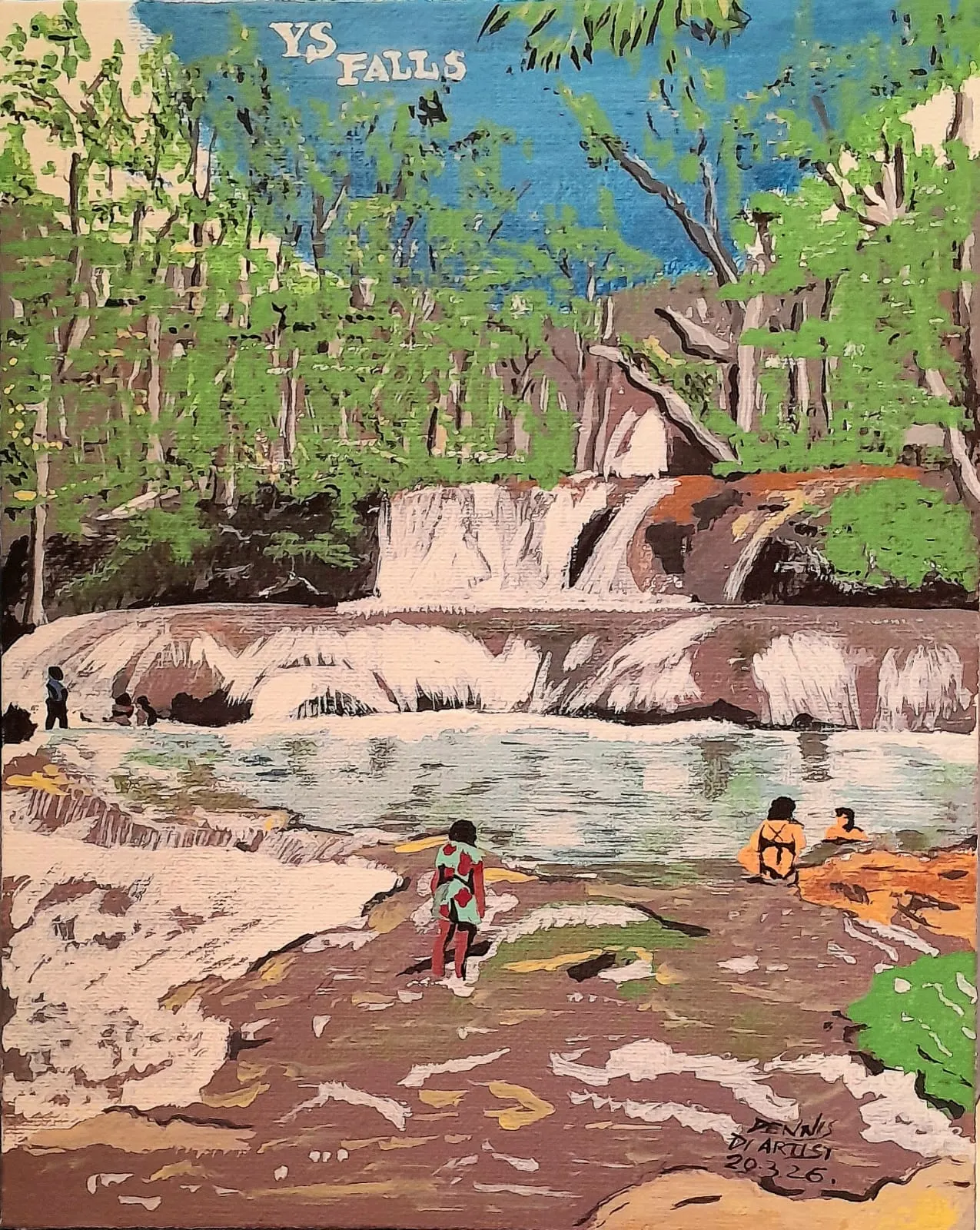 A painting of YS Falls, people wading below the cascades, signed Dennis Di Artist