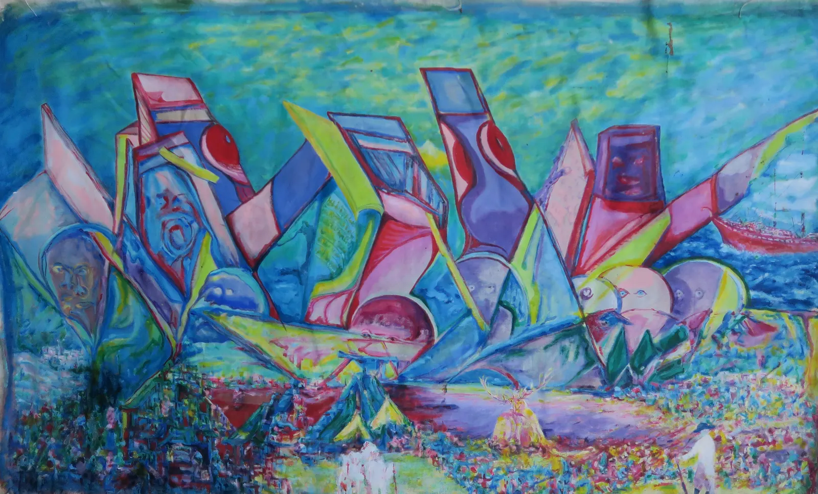 A large painting of angular shapes, faces and figures in blue, pink and yellow, with a ship and the sea behind