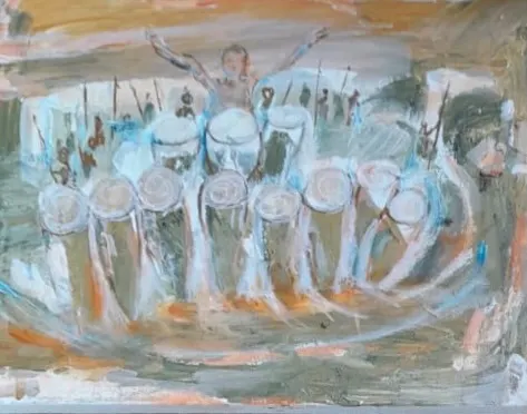 A painting of a row of white drums with a figure raising its arms behind them
