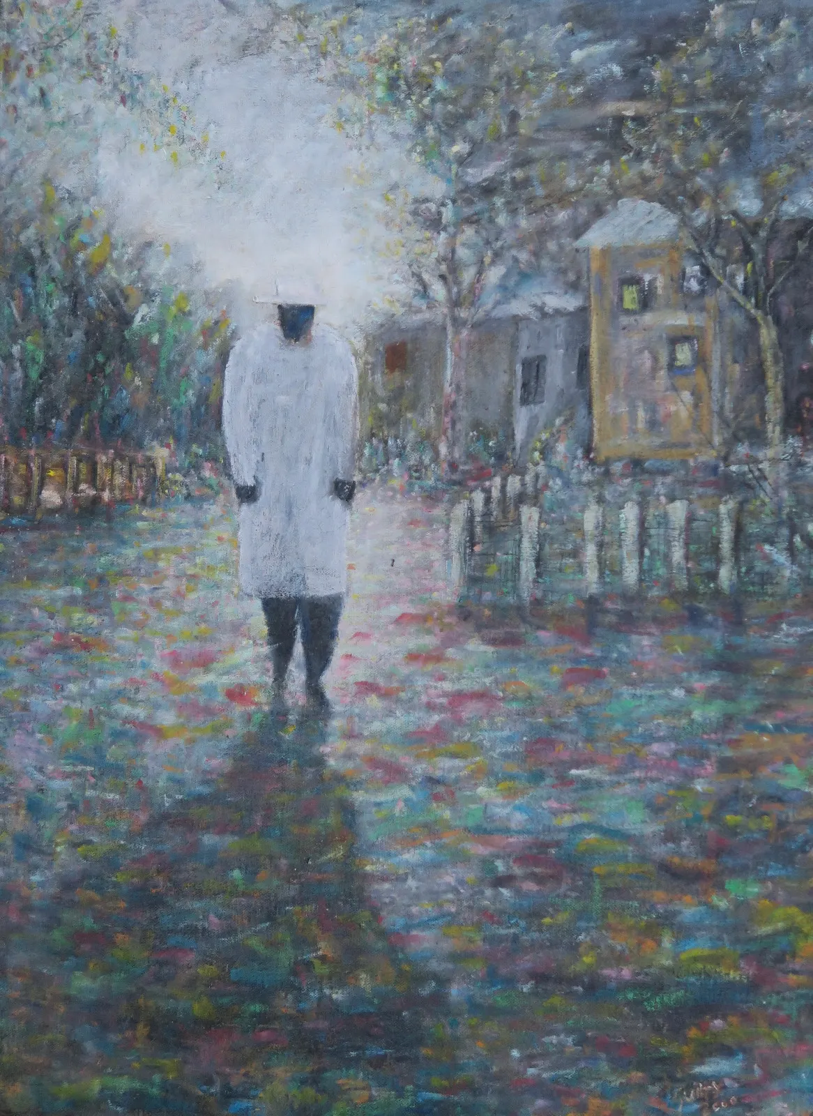 A painting of a figure in a white coat and hat walking down a lane of houses and fences, in small dabs of colour