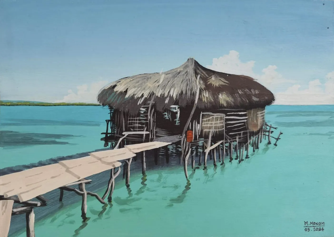 A painting of Pelican Bar, a thatched bar on stilts in turquoise water reached by a wooden walkway