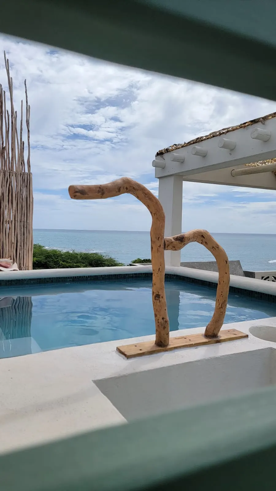 A driftwood sculpture on a wooden base by a pool, with the sea behind