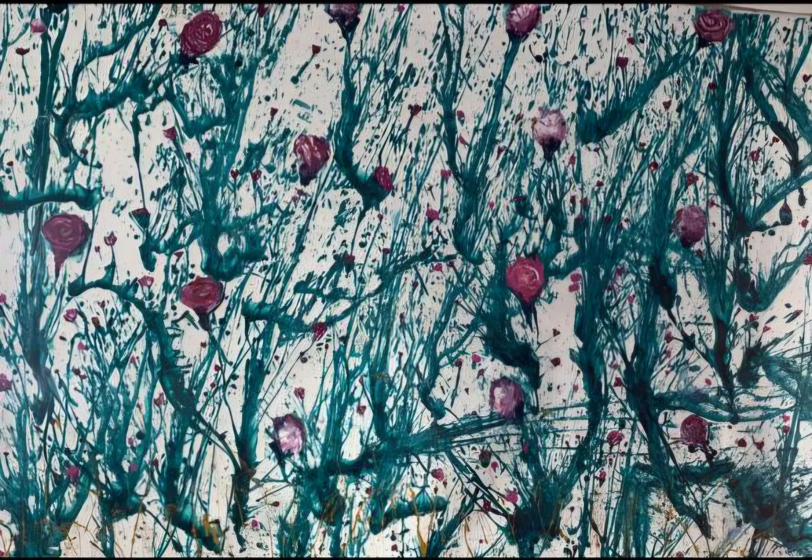 A painting of teal drips and branches scattered with pink and red roses
