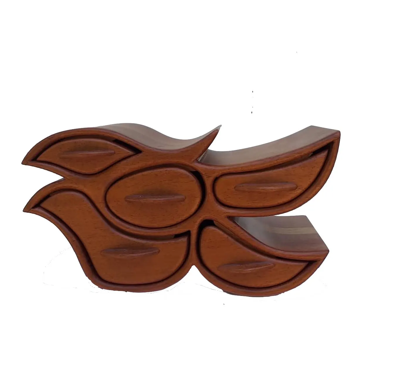 A wooden jewellery box in leaf shapes with five drawers
