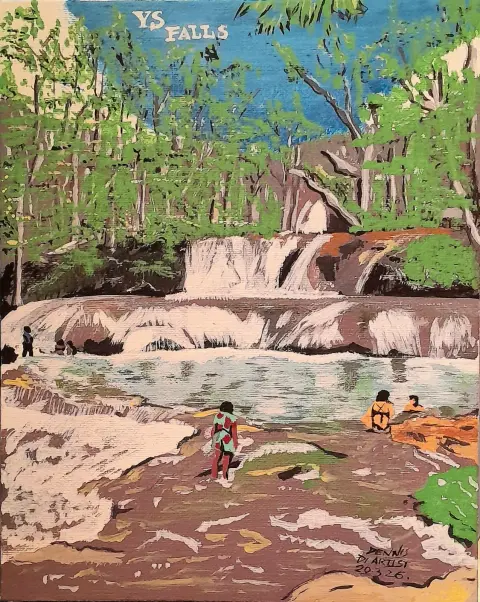 A painting of YS Falls, people wading below the cascades, signed Dennis Di Artist