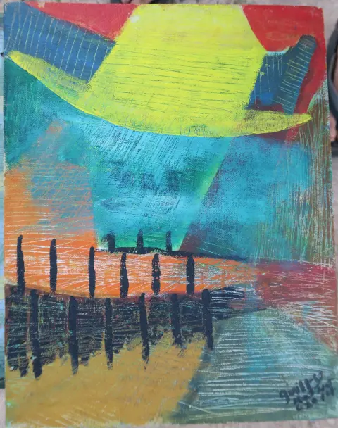 An abstract painting with a large yellow hat shape over blue and orange, and a row of black posts