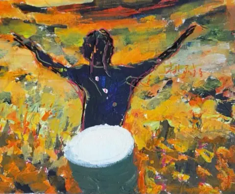 A painting of a drummer with arms raised behind a white drum, in a field of orange and yellow