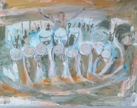 A painting of a row of white drums with a figure raising its arms behind them