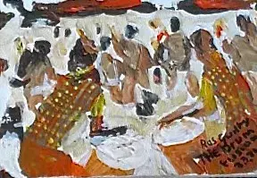 A painting of people gathered around drums, signed “Ras Guilty, The Drum”