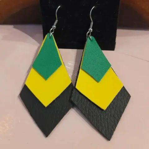 Layered faux leather earrings in green, yellow and black, the colours of the Jamaican flag