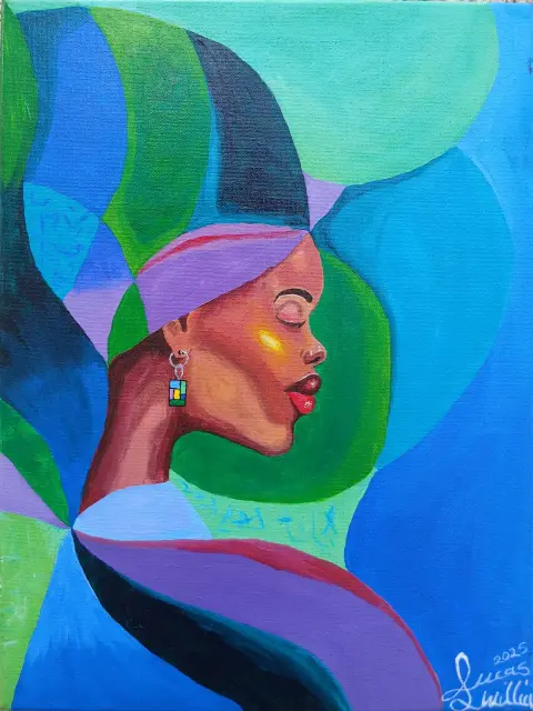 A painting of a woman in profile, eyes closed, among shapes of blue, green and purple, signed Lucas Williams 2025