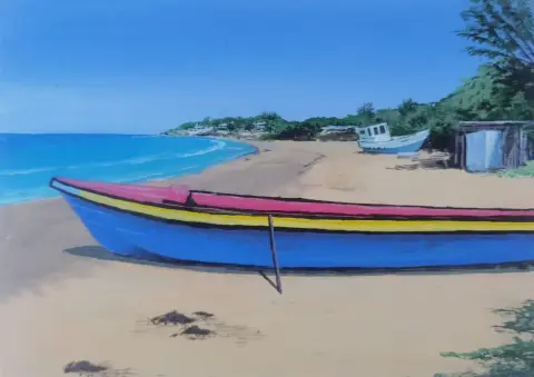 A painting of a blue, pink and yellow fishing boat pulled up on the beach