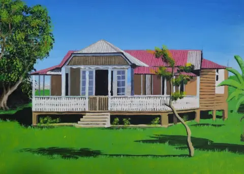 A painting of a board house with a red roof and a white veranda