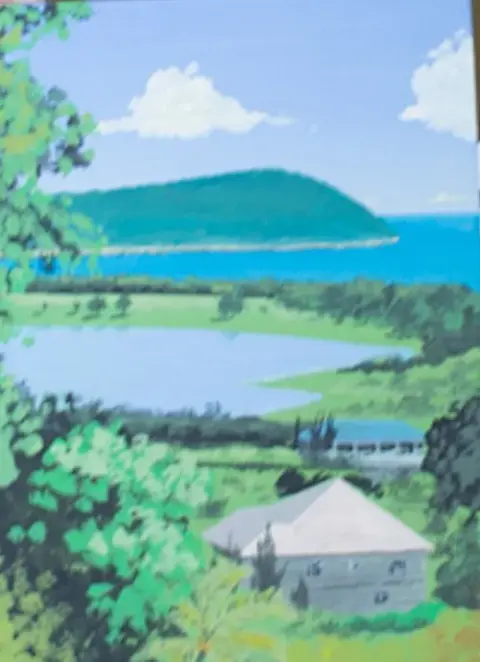 A painting of a green headland and bay, with a house in the foreground