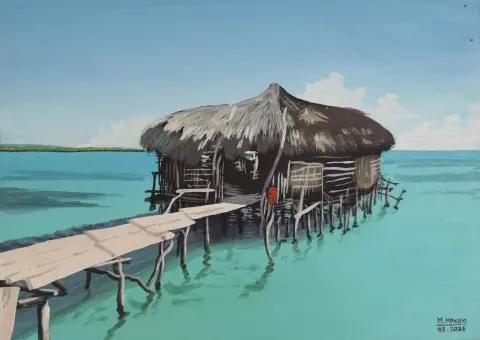 A painting of Pelican Bar, a thatched bar on stilts in turquoise water reached by a wooden walkway