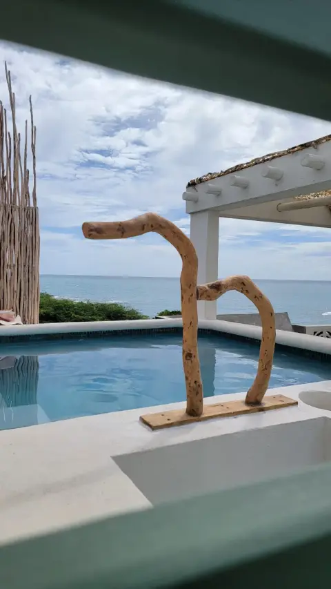 A driftwood sculpture on a wooden base by a pool, with the sea behind
