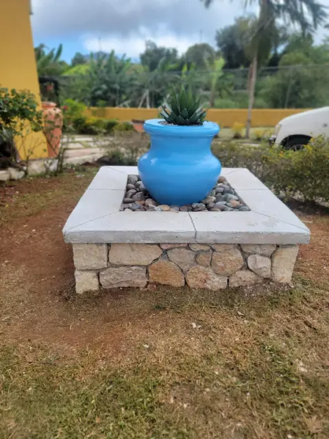 A blue pot with an aloe on a bed of river stones, in a square stone and concrete planter