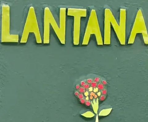 A green wall sign reading “Lantana”, with a mosaic lantana flower