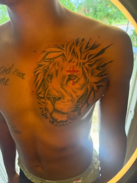 A shaded lion’s head tattoo with a small red cross, on a chest