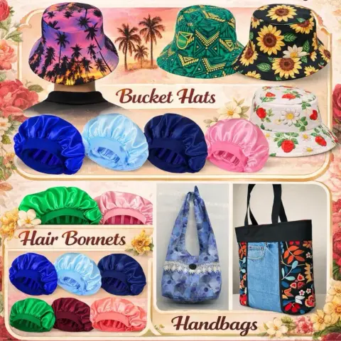 Bucket hats, satin hair bonnets and handbags