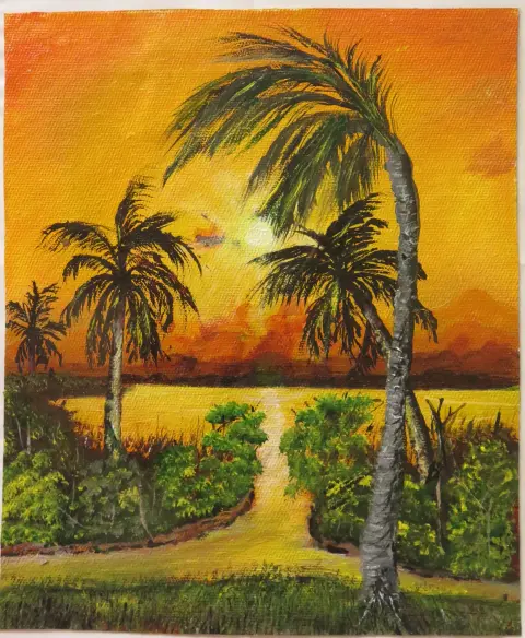 A painting of palm trees against an orange sunset over the water