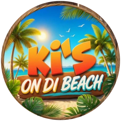 Ki’s on di Beach logo: the name in orange and white lettering on a wooden sign, with palm trees, the sea and sun behind it, in a round rope frame
