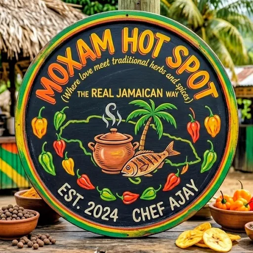 The Moxam Hotspot sign, a round black board with a green, gold and red rim: "Where love meet traditional herbs and spices, the real Jamaican way", a clay pot and a fish under a palm tree among colourful peppers, and "Est. 2024, Chef Ajay"