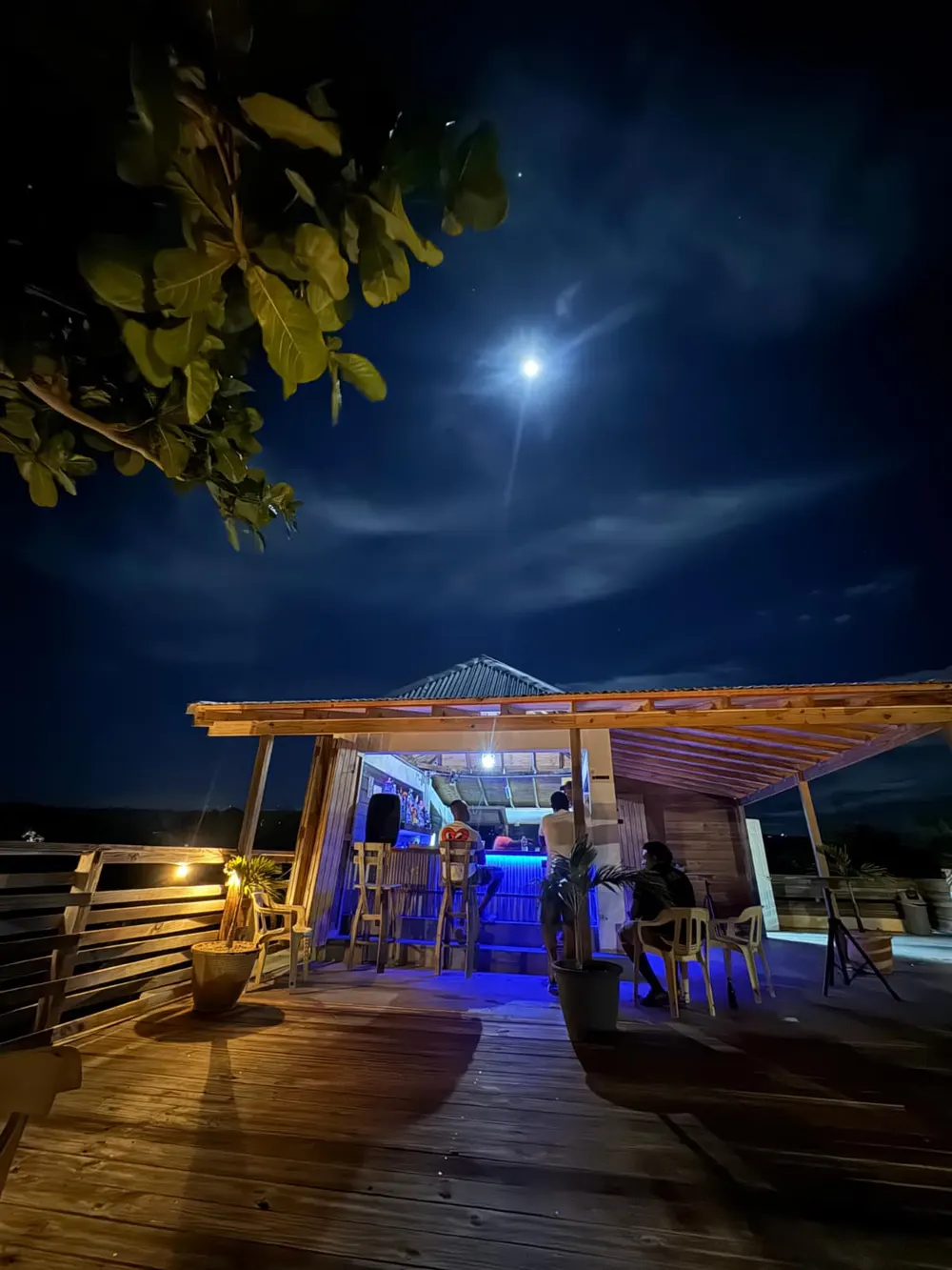 Pardy’s Rooftop Bar — The rooftop deck at night, with guests at the blue-lit bar and on plastic chairs, a wooden railing and sea-almond leaves under the moon