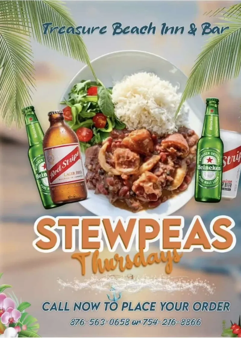 Flyer: Treasure Beach Inn and Bar, Stew Peas Thursdays. A plate of stew peas with white rice and a green salad with tomatoes, between bottles of Red Stripe and Heineken, under palm leaves on a beach at sunset. Call now to place your order, 876-563-0658 or 754-216-8866