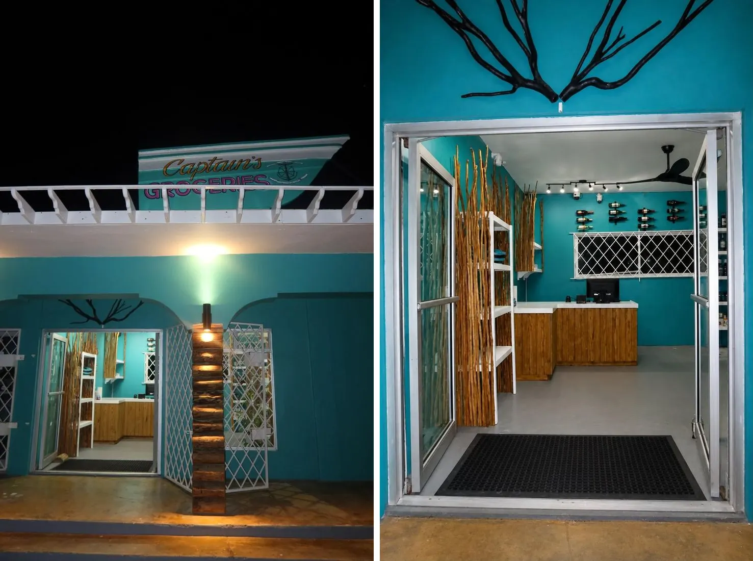 Captain's Groceries, two photos side by side: the turquoise shop front at night, lit under a boat-shaped Captain's Groceries sign with an anchor, and the open doorway into the shop, with bamboo poles and white shelves, wine bottles on the wall and a wooden counter