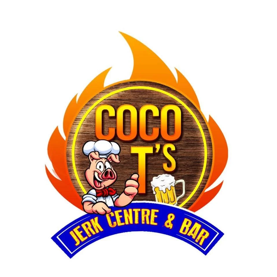 Coco T's Jerk Centre and Bar logo: a cartoon pig in a chef's hat giving a thumbs up, beside a mug of beer, in front of a wooden sign reading Coco T's with flames behind it and a blue banner reading Jerk Centre and Bar
