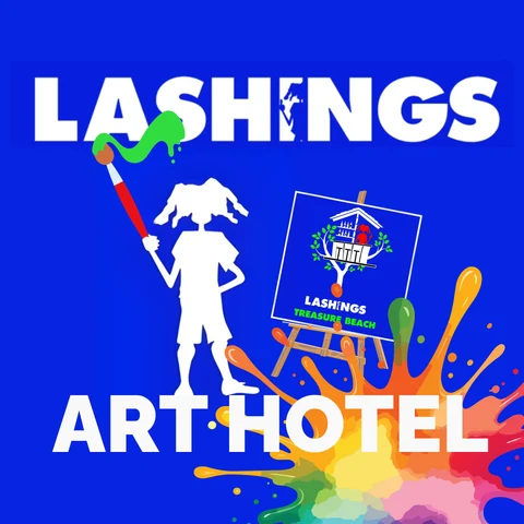 Lashings Art Hotel logo: a white painter holding a brush, with an easel and a splash of colour