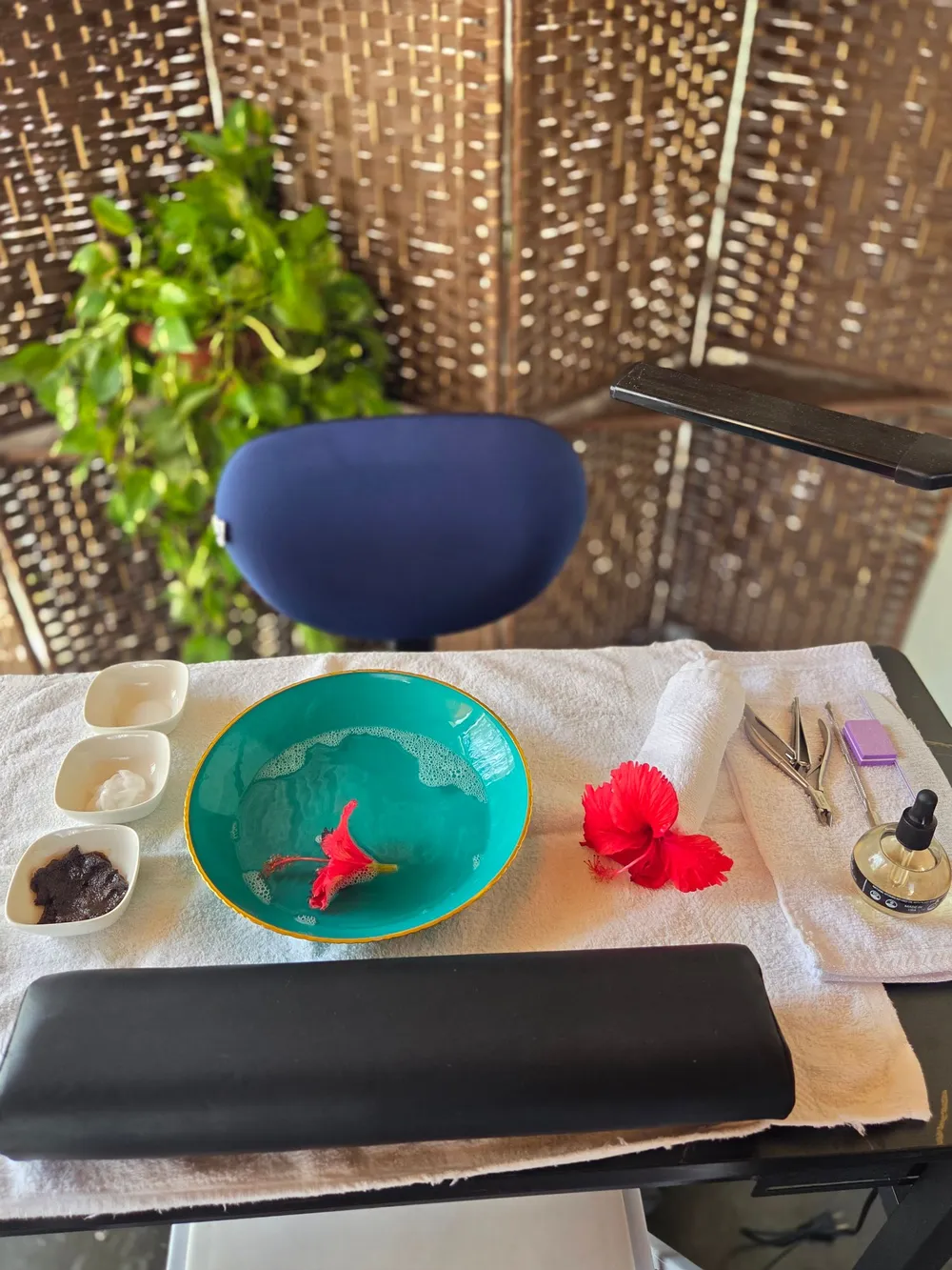A manicure station: a teal bowl of water with a red hibiscus flower, dishes of cream and scrub, nail tools and a blue chair, in front of a woven screen and a green plant