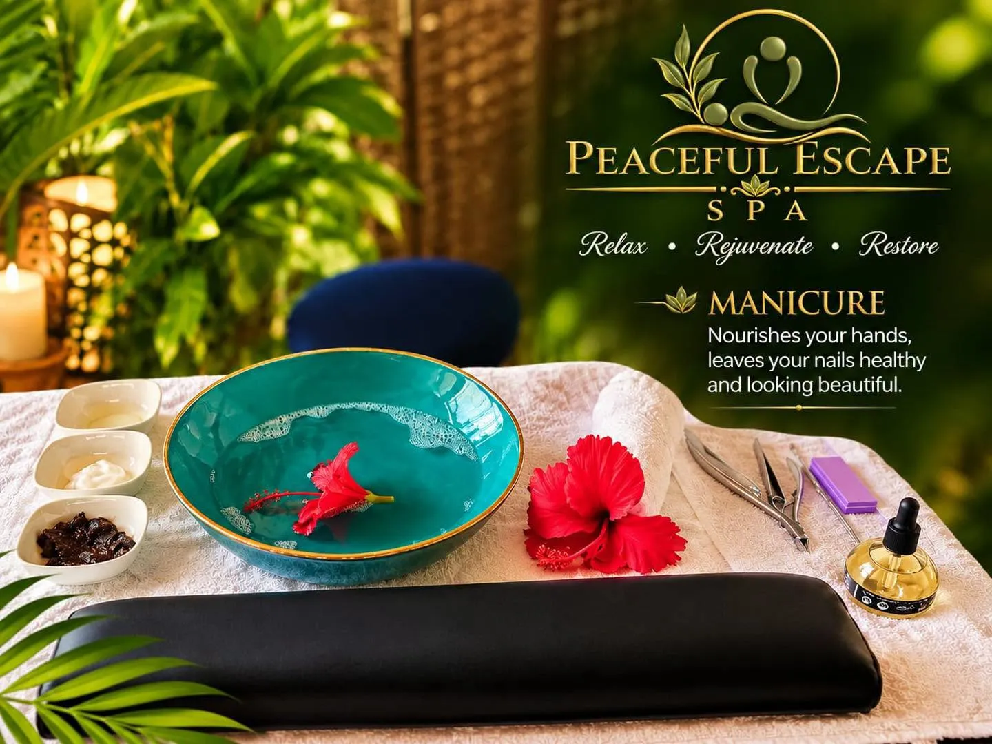 Peaceful Escape Spa's logo, with the words Relax, Rejuvenate, Restore, over a manicure setting: a teal bowl with a red hibiscus flower, small dishes of cream and scrub, nail tools and a white towel, with candles and green plants behind