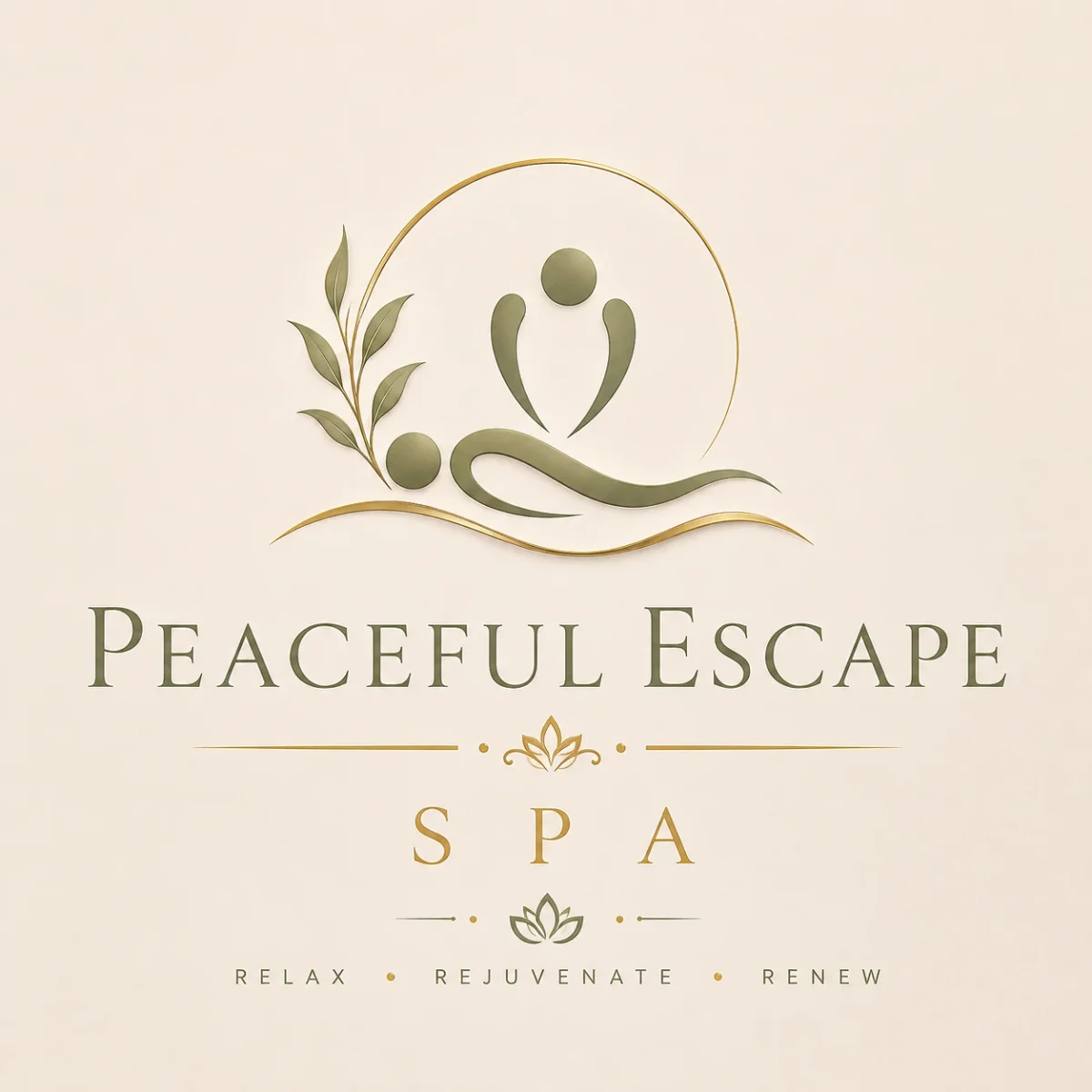 Peaceful Escape Spa logo: a figure in a gold circle beside olive leaves, over a gold wave, with the words Peaceful Escape Spa and Relax, Rejuvenate, Renew