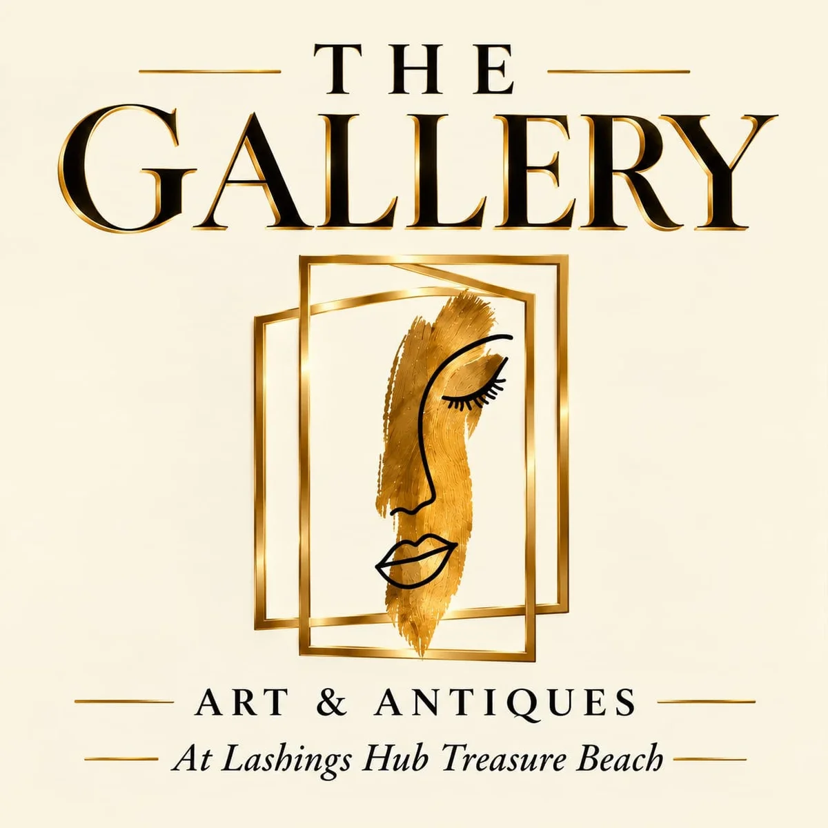 The Gallery logo: a gold-framed pair of panels around a gold brushstroke and a line drawing of a woman's face with closed eyes, with the words The Gallery, Art & Antiques, At Lashings Hub Treasure Beach