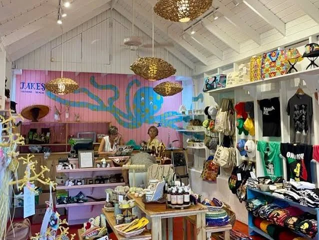 Inside the shop: a pink wall with a blue octopus painted on it, woven pendant lights, shelves of bags, hats and T-shirts, and a table of bottles and baskets, with two people at the counter