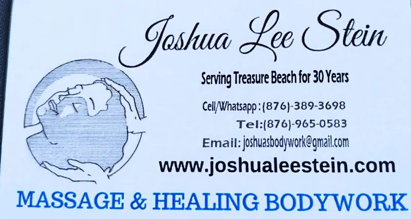 Joshua Lee Stein's business card: Massage and Healing Bodywork, serving Treasure Beach for 30 years, with his phone numbers, email and website