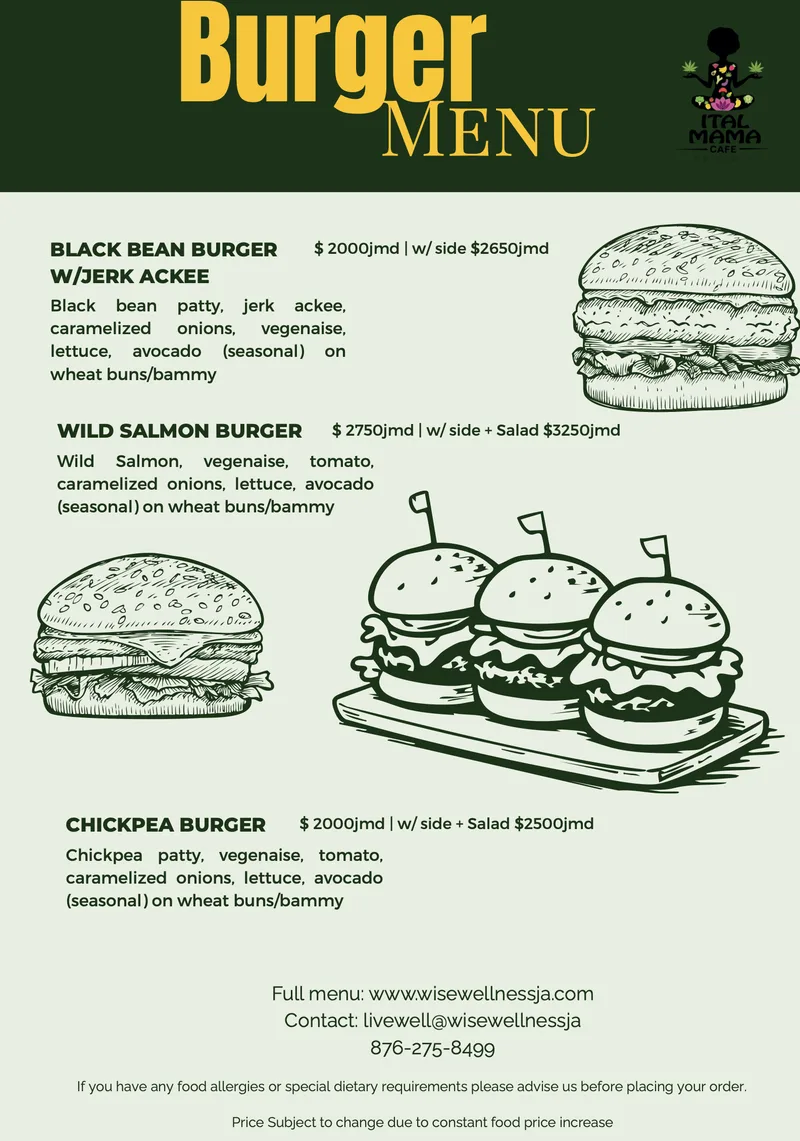 Burger menu with prices in Jamaican dollars: black bean burger with jerk ackee, wild salmon burger and chickpea burger, each on a wheat bun or bammy.
