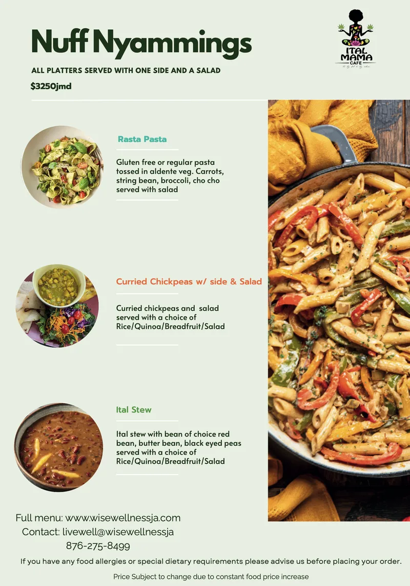 Nuff Nyammings platters, each with one side and a salad, with prices in Jamaican dollars: rasta pasta, curried chickpeas and ital stew.
