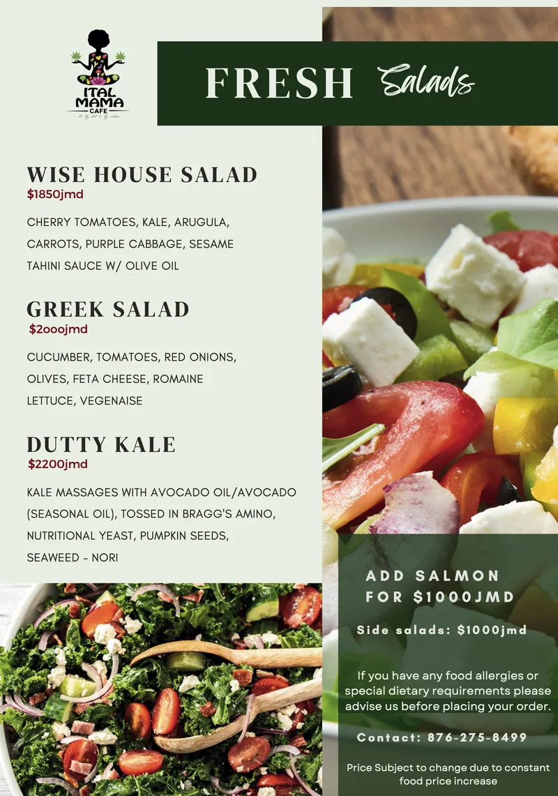 Fresh salads with prices in Jamaican dollars: Wise House Salad, Greek Salad and Dutty Kale, with salmon and side salads to add.