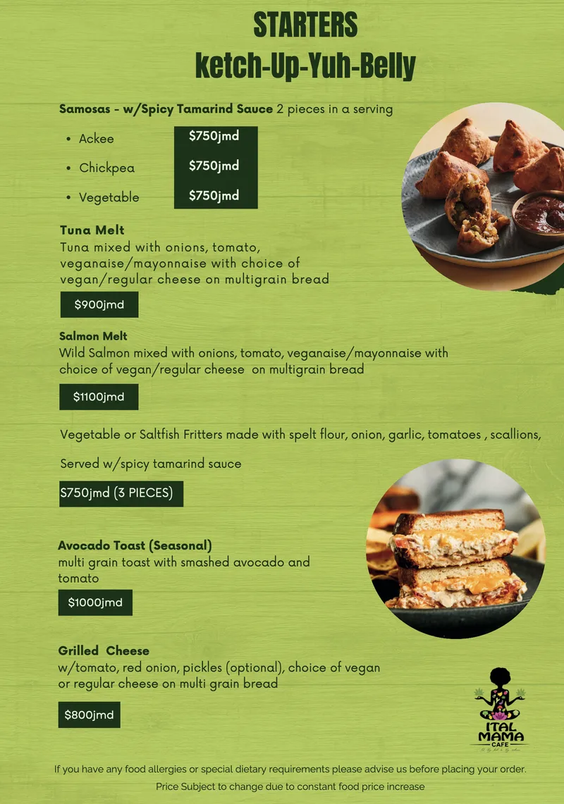 Starters menu with prices in Jamaican dollars: samosas (ackee, chickpea or vegetable), tuna melt, salmon melt, fritters, avocado toast and grilled cheese.