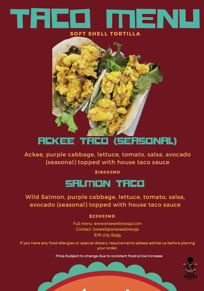 Taco menu, soft shell tortilla, with prices in Jamaican dollars: ackee taco (seasonal) and salmon taco.
