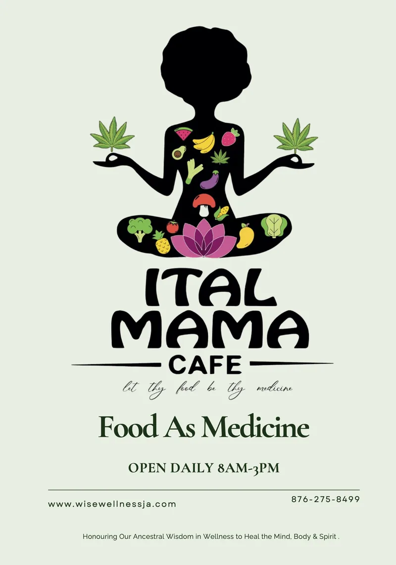 Ital Mama Café logo, a woman in lotus pose holding cannabis leaves with fruit and vegetables in her body. Food as medicine. Open daily 8 AM to 3 PM.