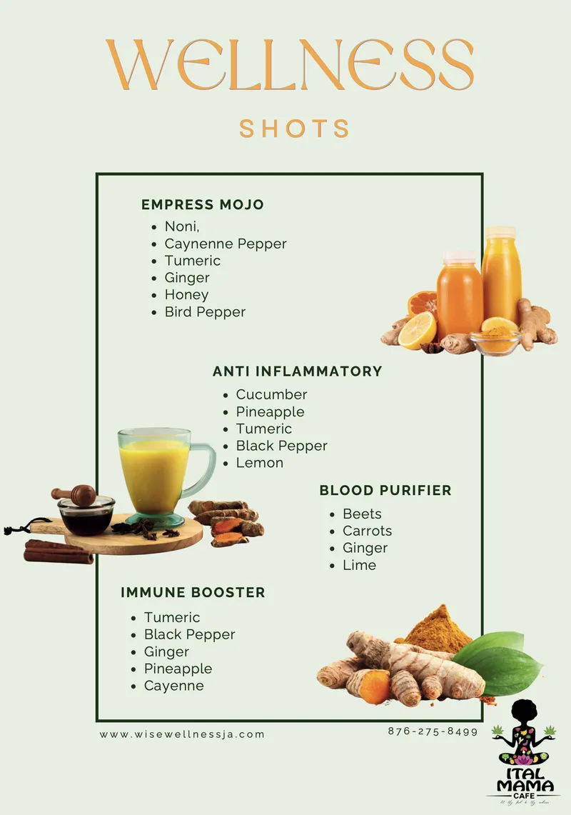Wellness shots with ingredients: Empress Mojo, Anti Inflammatory, Blood Purifier and Immune Booster.