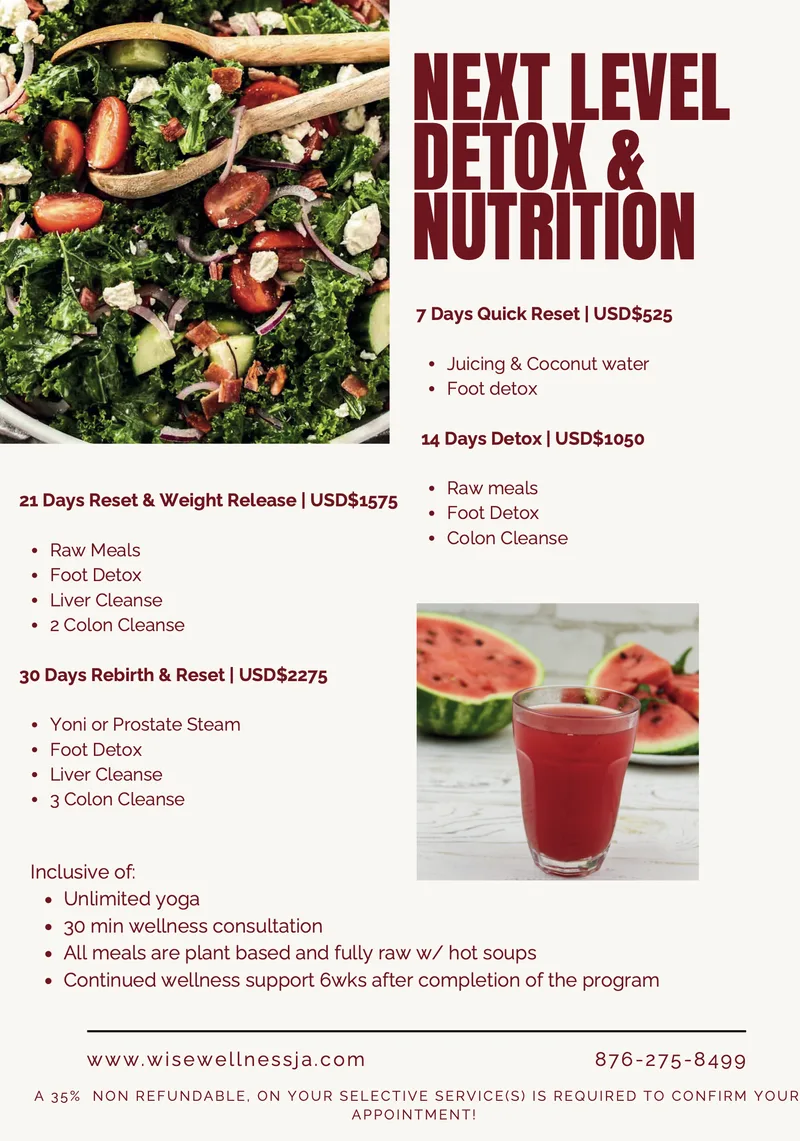 Next Level Detox and Nutrition programmes of 7, 14, 21 and 30 days, with what each includes and prices in US dollars. Inclusive of unlimited yoga, a 30 minute wellness consultation and plant based meals.