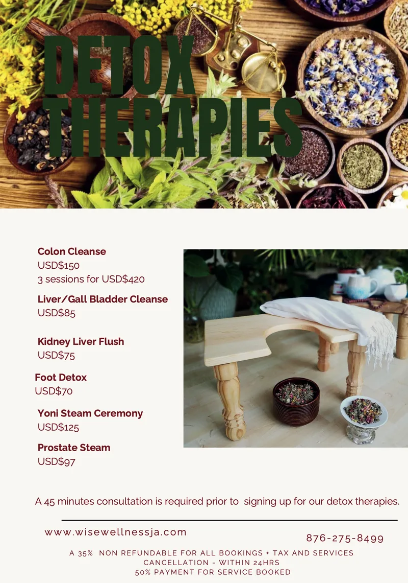 Detox Therapies price list in US dollars: colon cleanse, liver and gall bladder cleanse, kidney liver flush, foot detox, yoni steam ceremony and prostate steam. A 45 minute consultation is required first.