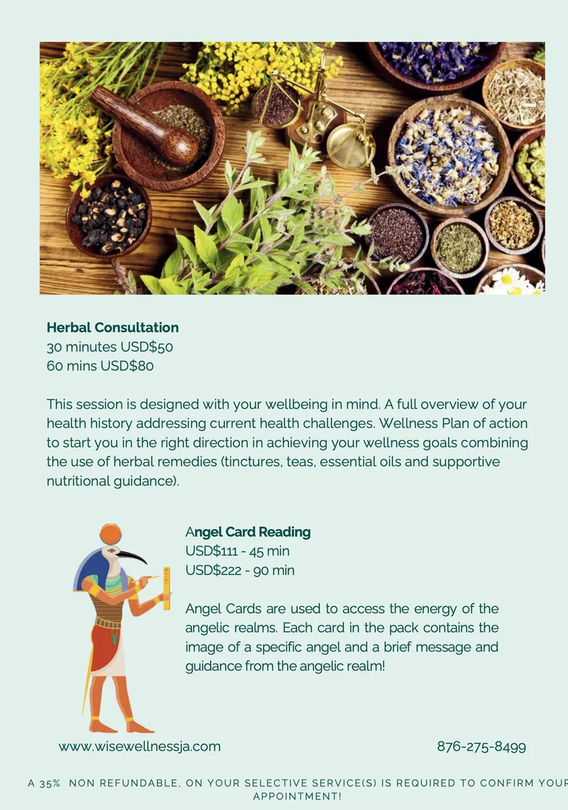 Herbal Consultation at 30 or 60 minutes, and Angel Card Reading at 45 or 90 minutes, with what each involves and prices in US dollars.