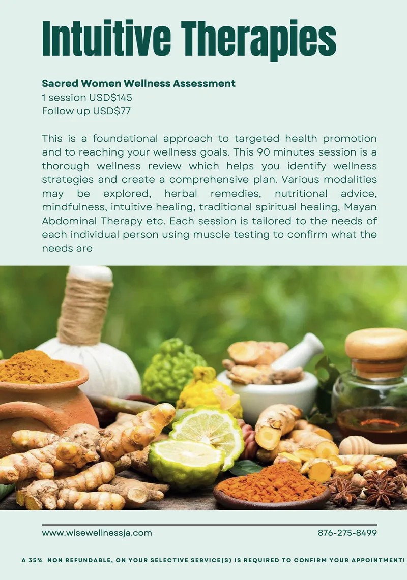 Intuitive Therapies: the Sacred Women Wellness Assessment, a 90 minute wellness review, with a follow-up session, and prices in US dollars.